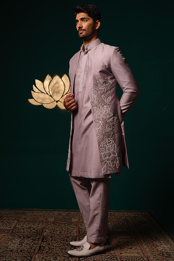 Purple Silk Sequins Handwork Wedding Sherwani Set by Niloufer by Aasif Ally Men at Pernia's Pop Up Shop