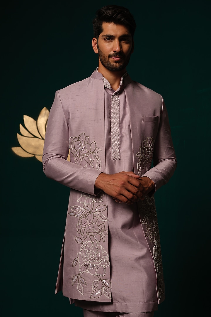 Purple Silk Sequins Handwork Wedding Sherwani Set by Niloufer by Aasif Ally Men at Pernia's Pop Up Shop