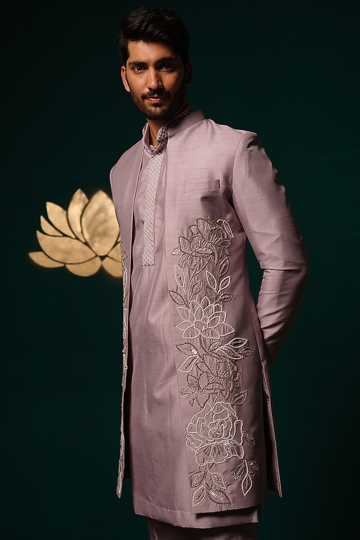 Purple Silk Sequins Handwork Wedding Sherwani Set by Niloufer by Aasif Ally Men at Pernia's Pop Up Shop