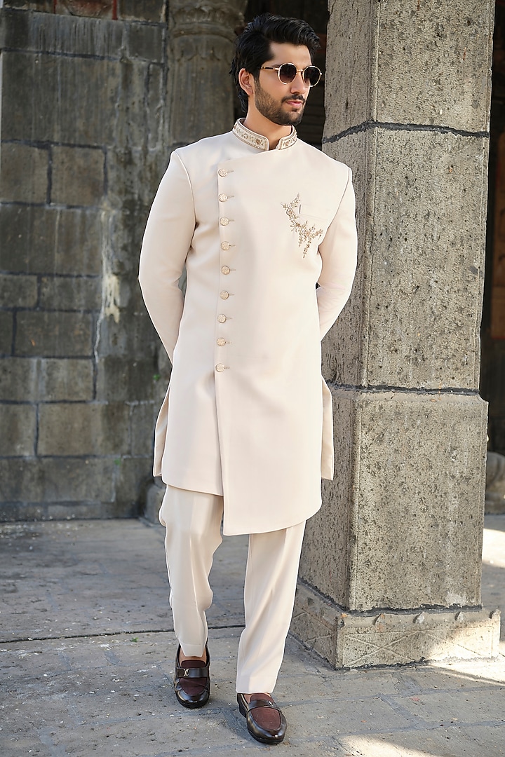 Beige Imported Fabric Zardosi Hand Work Wedding Sherwani Set by Niloufer by Aasif Ally Men at Pernia's Pop Up Shop