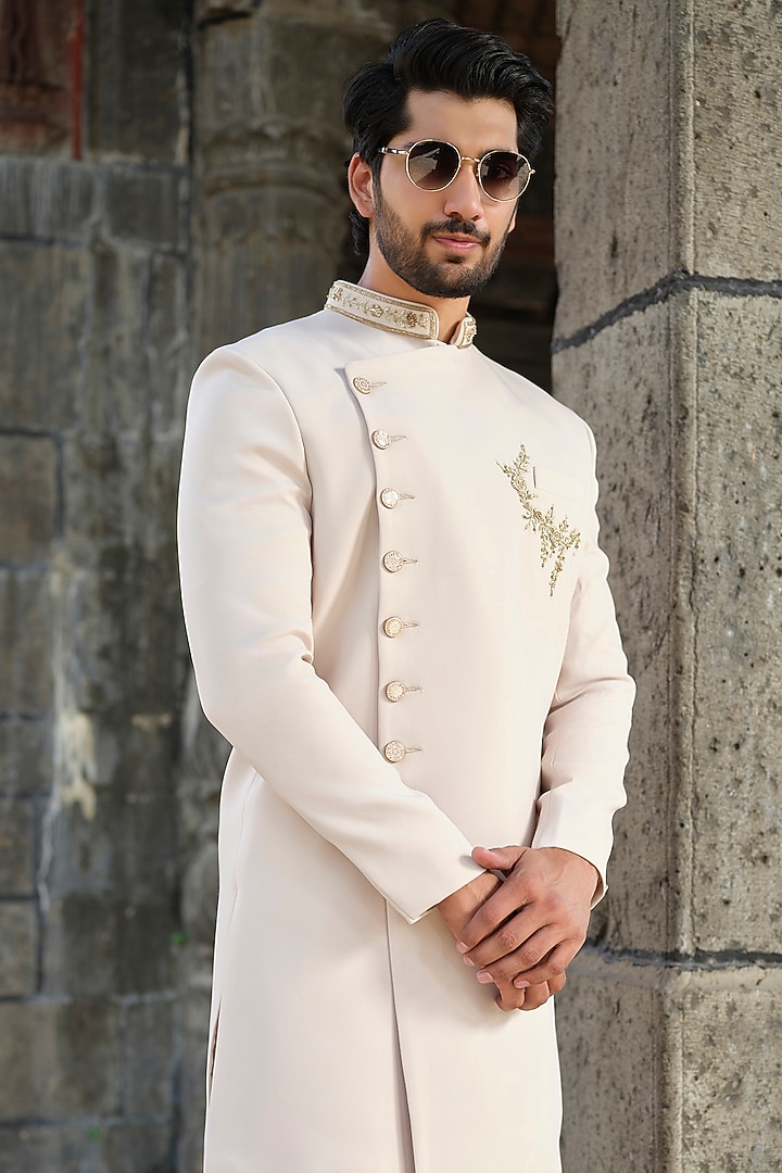 Beige Imported Fabric Zardosi Hand Work Wedding Sherwani Set by Niloufer by Aasif Ally Men at Pernia's Pop Up Shop