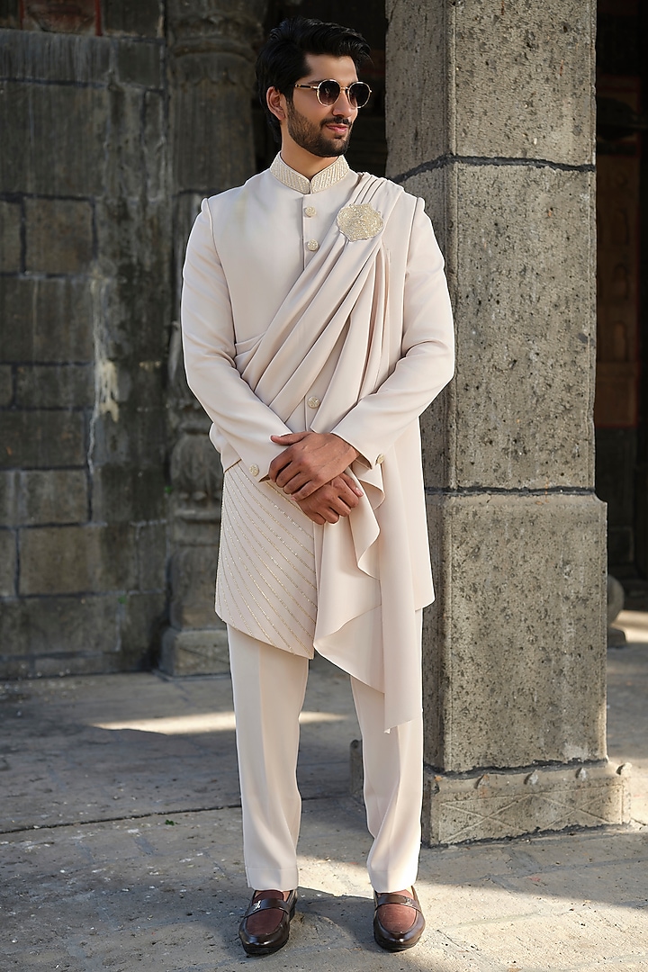 Beige Imported Fabric Cutdana Hand Work Wedding Sherwani Set by Niloufer by Aasif Ally Men at Pernia's Pop Up Shop