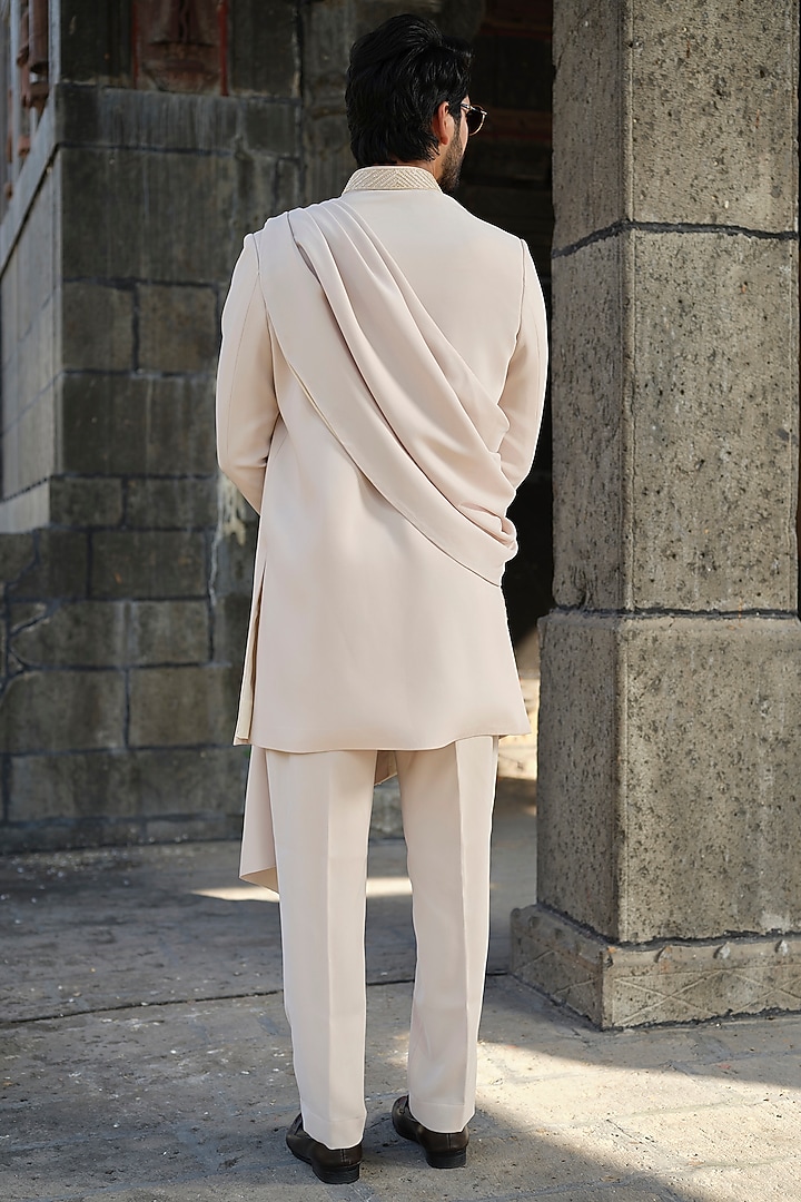 Beige Imported Fabric Cutdana Hand Work Wedding Sherwani Set by Niloufer by Aasif Ally Men at Pernia's Pop Up Shop