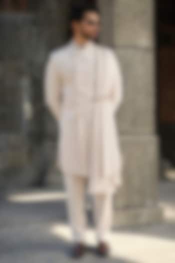 Beige Imported Fabric Cutdana Hand Work Wedding Sherwani Set by Niloufer by Aasif Ally Men at Pernia's Pop Up Shop