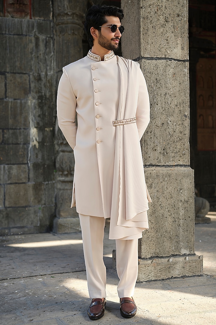 Beige Imported Fabric Cutdana Hand Work Wedding Sherwani Set by Niloufer by Aasif Ally Men at Pernia's Pop Up Shop