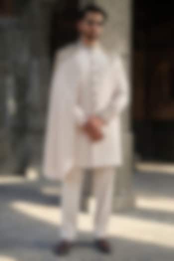 Beige Imported Fabric Cutdana Hand Work Wedding Sherwani Set by Niloufer by Aasif Ally Men at Pernia's Pop Up Shop