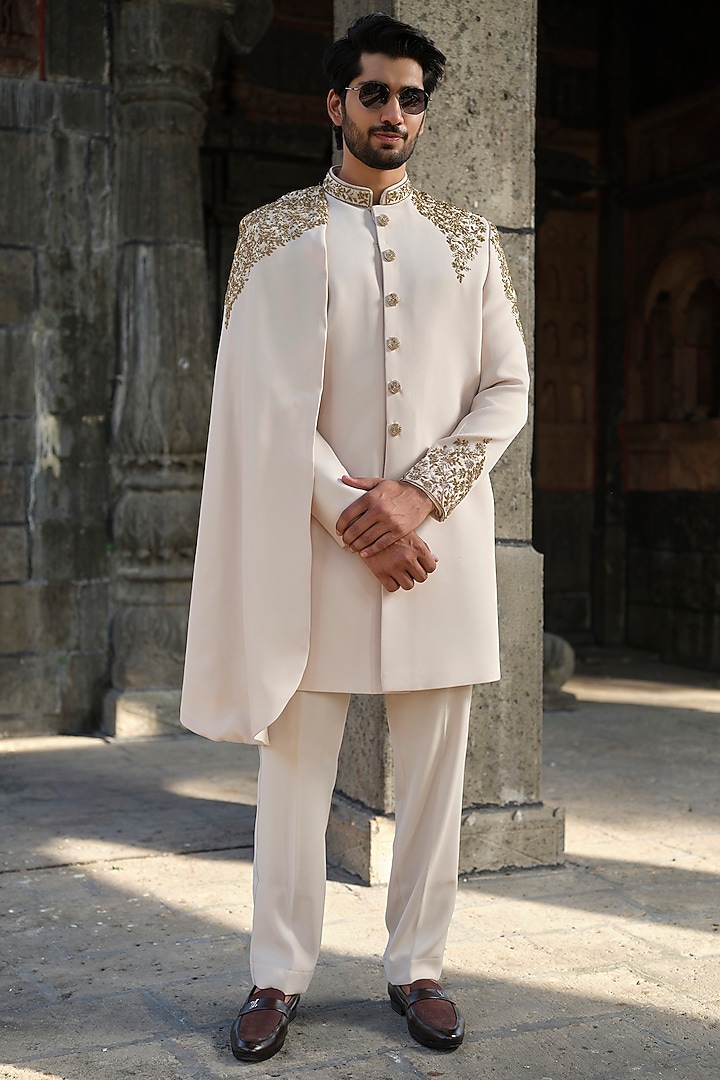Beige Imported Fabric Cutdana Hand Work Wedding Sherwani Set by Niloufer by Aasif Ally Men at Pernia's Pop Up Shop