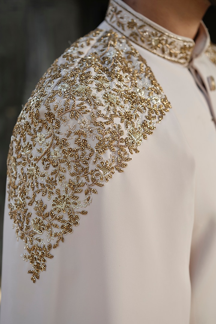 Beige Imported Fabric Cutdana Hand Work Wedding Sherwani Set by Niloufer by Aasif Ally Men at Pernia's Pop Up Shop
