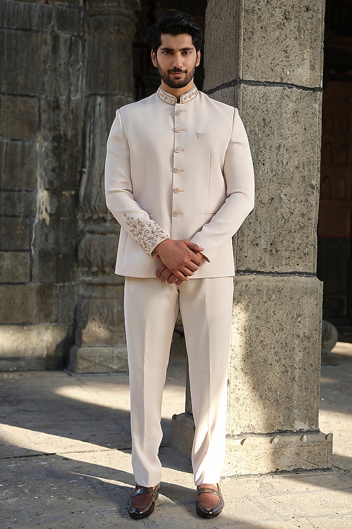 Beige Imported Fabric Cutdana Hand Embroidered Jodhpuri Set by Niloufer by Aasif Ally Men at Pernia's Pop Up Shop