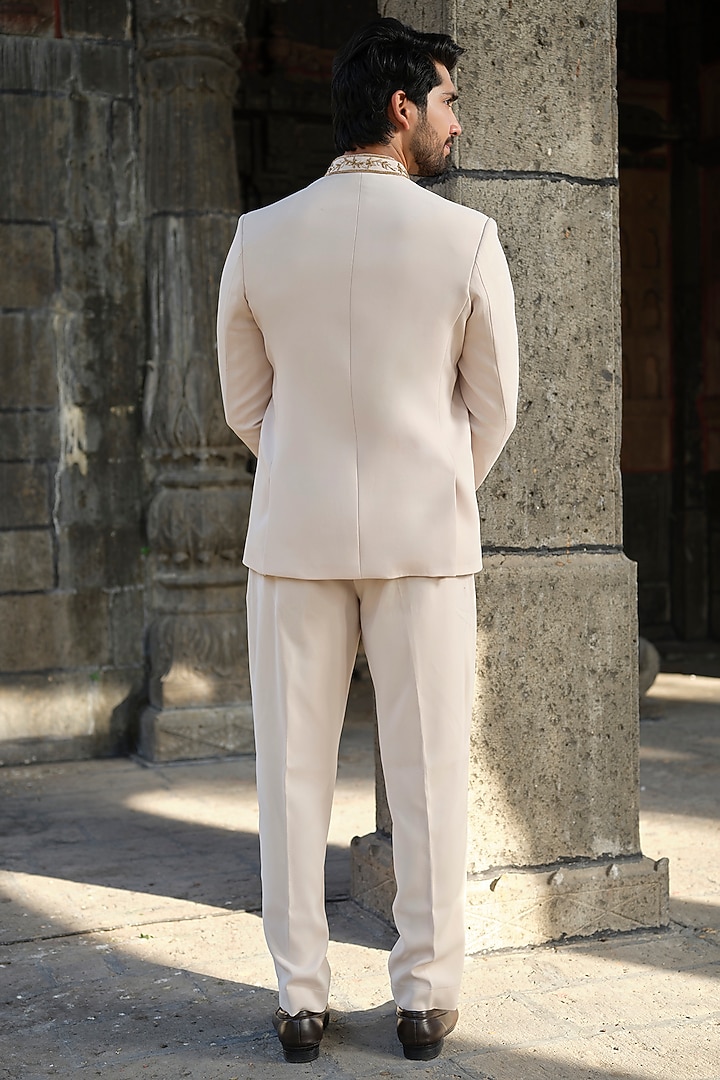 Beige Imported Fabric Cutdana Hand Embroidered Jodhpuri Set by Niloufer by Aasif Ally Men at Pernia's Pop Up Shop