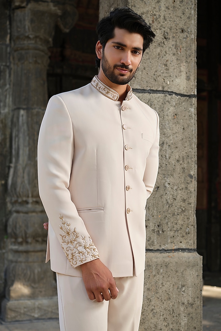 Beige Imported Fabric Cutdana Hand Embroidered Jodhpuri Set by Niloufer by Aasif Ally Men at Pernia's Pop Up Shop