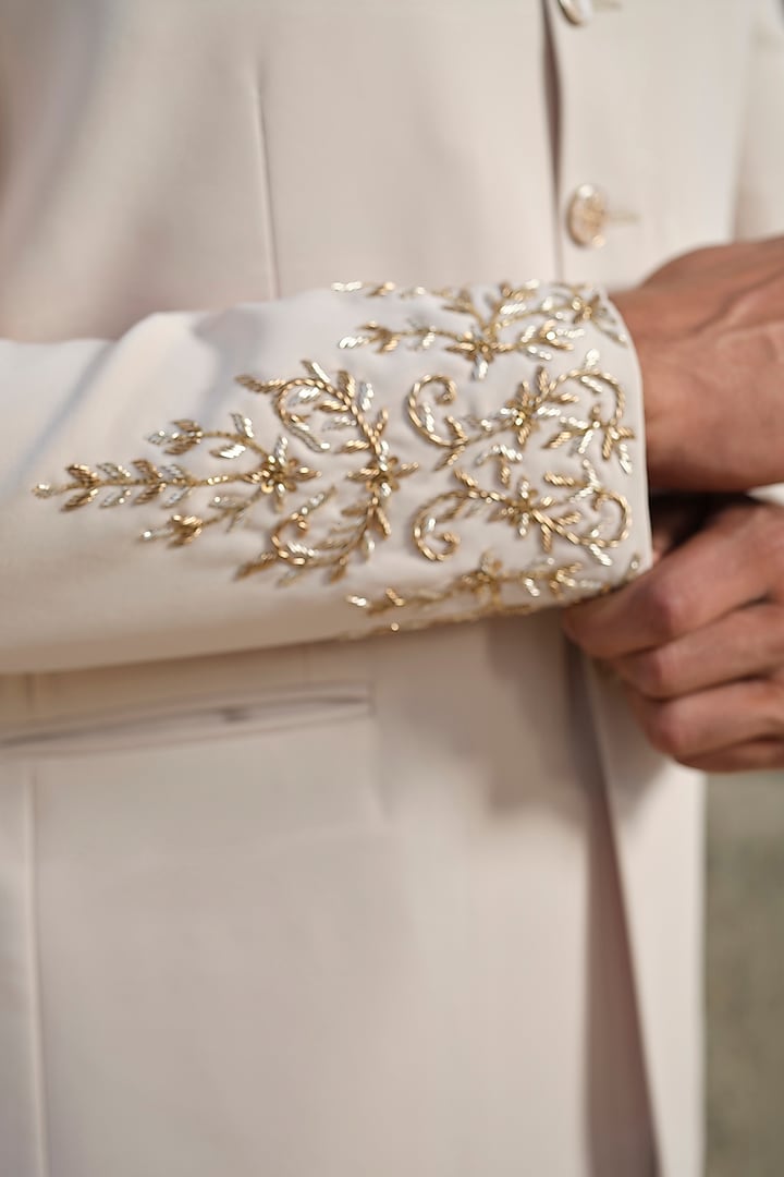 Beige Imported Fabric Cutdana Hand Embroidered Jodhpuri Set by Niloufer by Aasif Ally Men at Pernia's Pop Up Shop