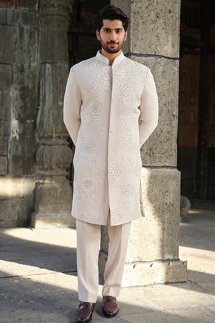 Beige Imported Fabric Hand Embroidered Groom Sherwani Set by Niloufer by Aasif Ally Men at Pernia's Pop Up Shop