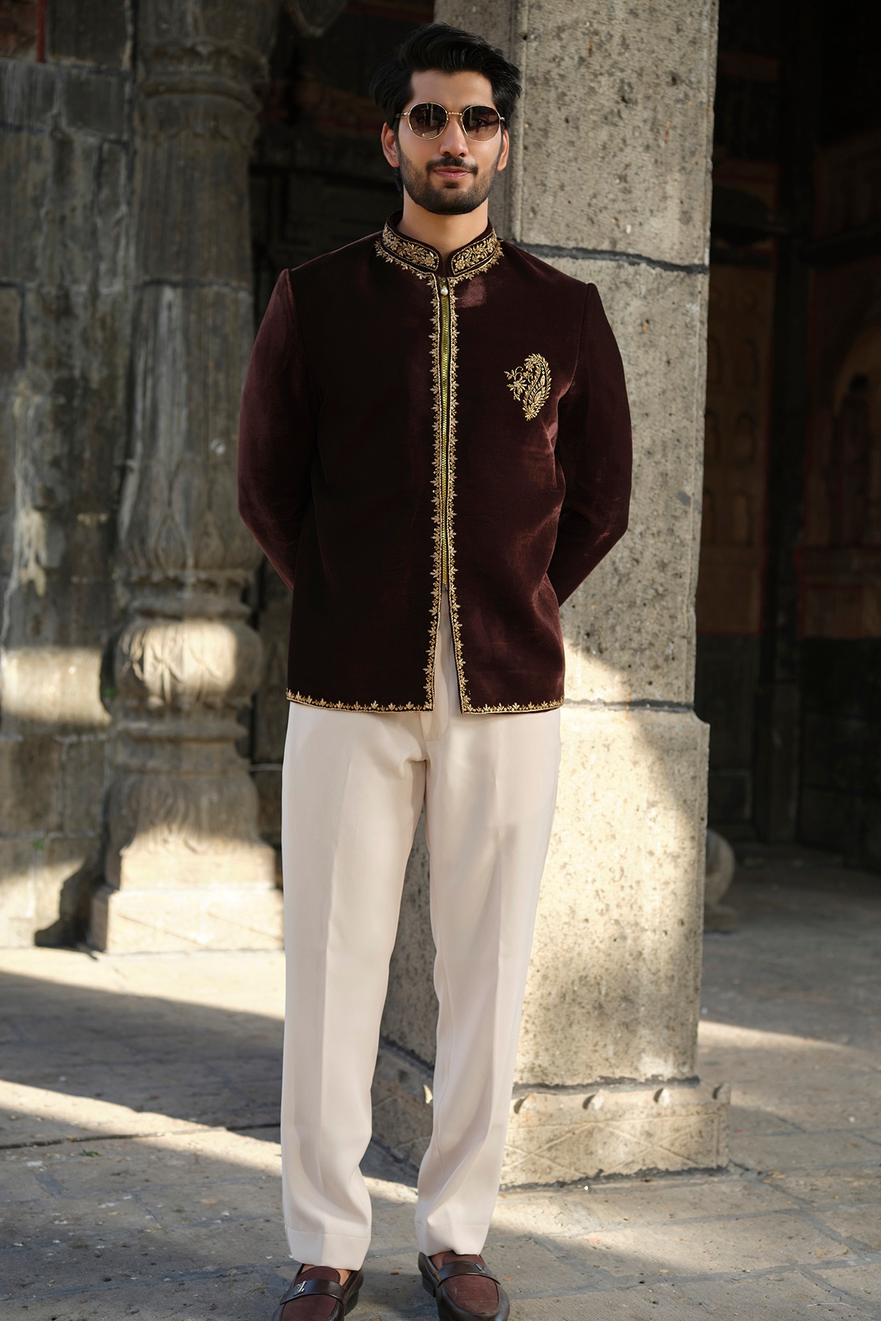 Niloufer by Aasif Ally Brown Velvet Zardosi Hand Embroidered Jodhpuri Set