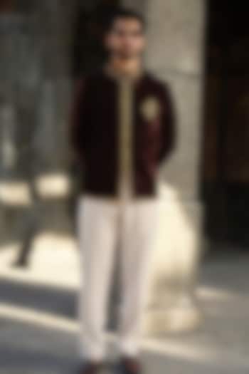 Brown Velvet Zardosi Hand Embroidered Jodhpuri Set by Niloufer by Aasif Ally Men at Pernia's Pop Up Shop