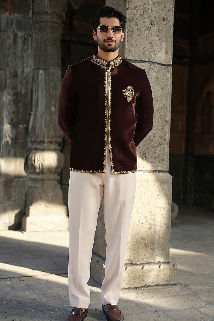 Brown Velvet Zardosi Hand Embroidered Jodhpuri Set by Niloufer by Aasif Ally Men at Pernia's Pop Up Shop