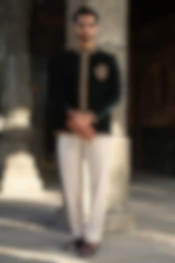 Bottle Green Velvet Zardosi Hand Embroidered Jodhpuri Set by Niloufer by Aasif Ally Men at Pernia's Pop Up Shop