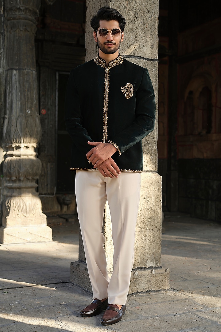 Bottle Green Velvet Zardosi Hand Embroidered Jodhpuri Set by Niloufer by Aasif Ally Men at Pernia's Pop Up Shop