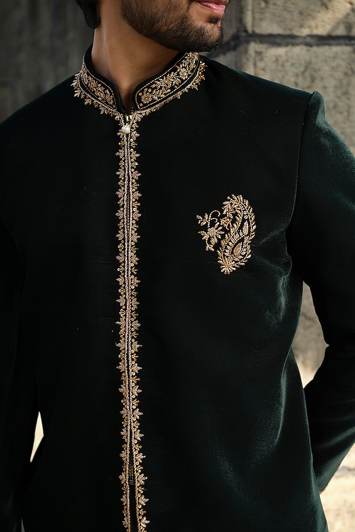 Bottle Green Velvet Zardosi Hand Embroidered Jodhpuri Set by Niloufer by Aasif Ally Men at Pernia's Pop Up Shop