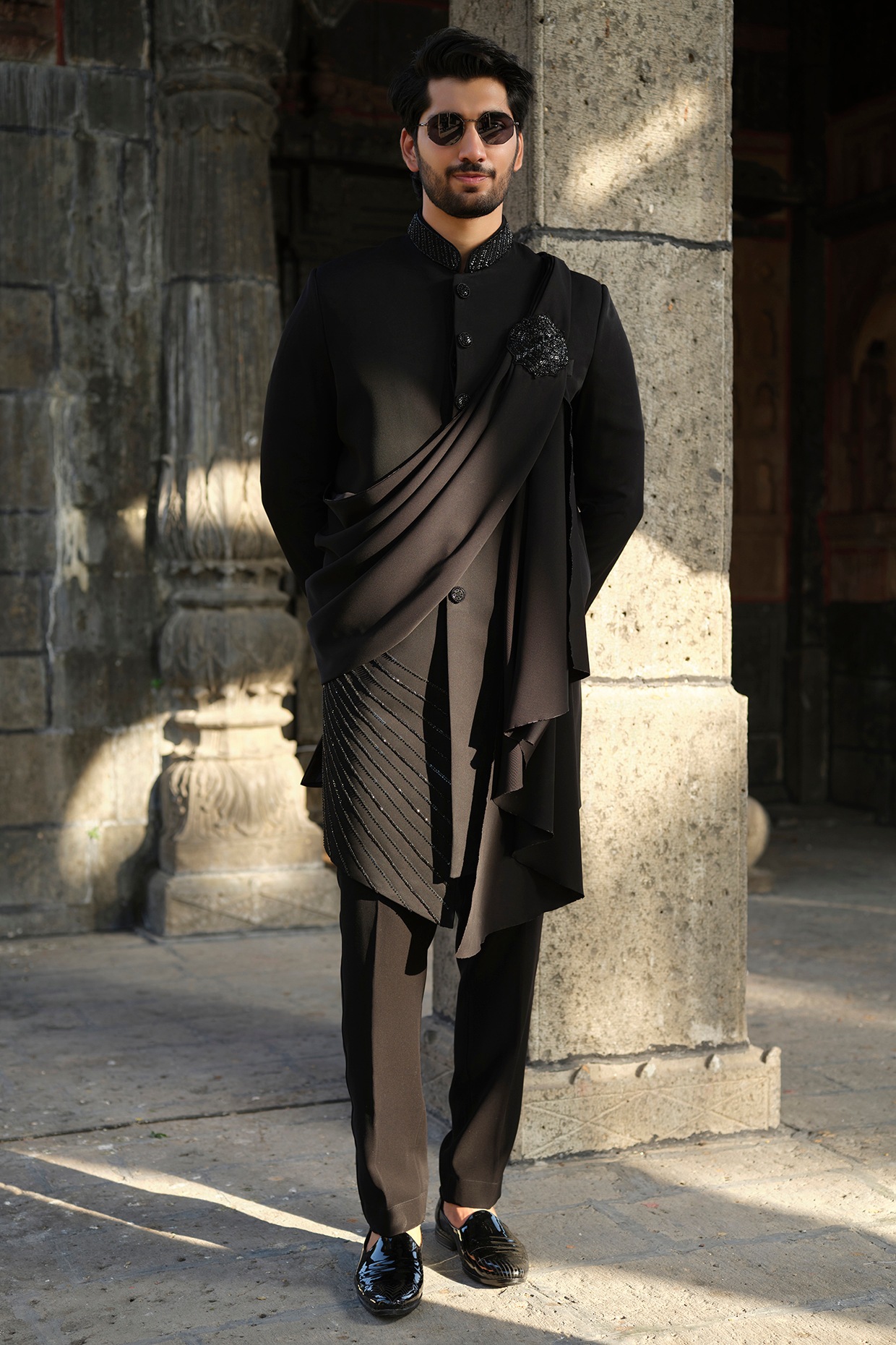 Niloufer by Aasif Ally Black Imported Fabric Beadwork Sherwani Set