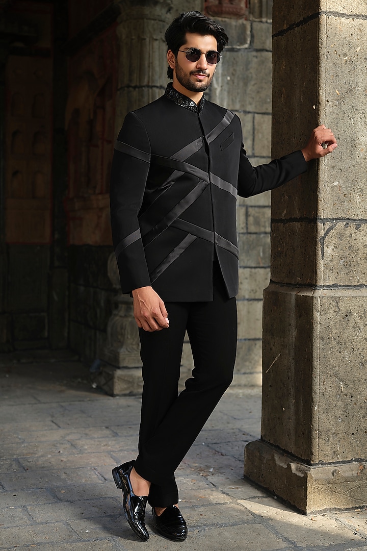 Black Imported Fabric Hand Embroidered Jodhpuri Set by Niloufer by Aasif Ally Men at Pernia's Pop Up Shop