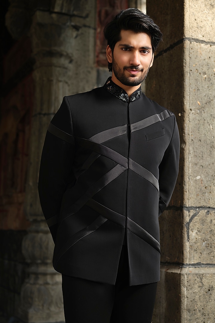 Black Imported Fabric Hand Embroidered Jodhpuri Set by Niloufer by Aasif Ally Men at Pernia's Pop Up Shop