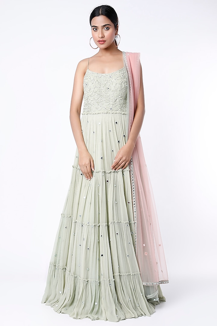 Mint Embroidered Tiered Anarkali Set by NIAMH by Kriti