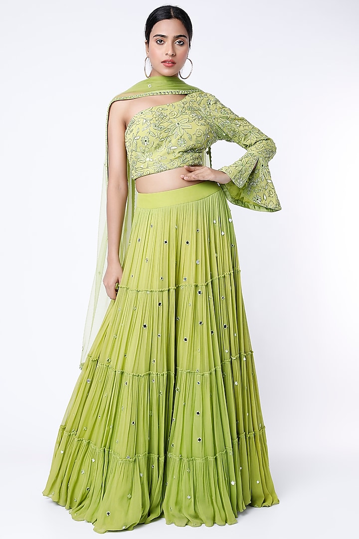 Lime Green Hand Embroidered Tiered Lehenga Set by NIAMH by Kriti