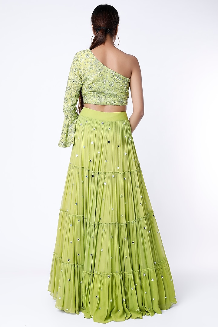 Lime Green Hand Embroidered Tiered Wedding Lehenga Set by NIAMH by Kriti at Pernia's Pop Up Shop