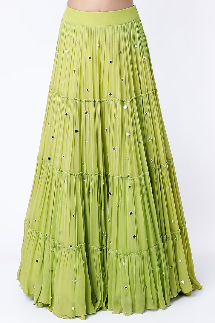 Lime Green Hand Embroidered Tiered Wedding Lehenga Set by NIAMH by Kriti at Pernia's Pop Up Shop