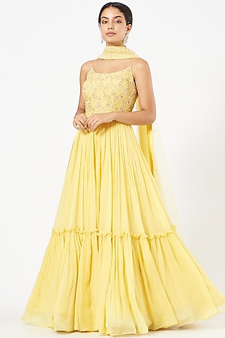 Daisy Yellow Embroidered Anarkali Set by NIAMH by Kriti