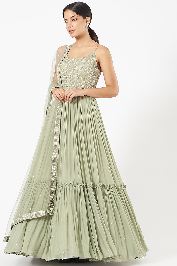 Frost Green Embroidered Anarkali Set by NIAMH by Kriti