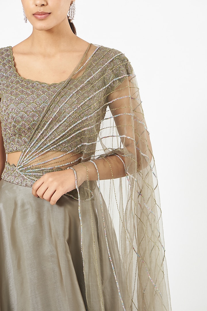 Smoke Green Embroidered Wedding Lehenga Set by NIAMH by Kriti at Pernia's Pop Up Shop