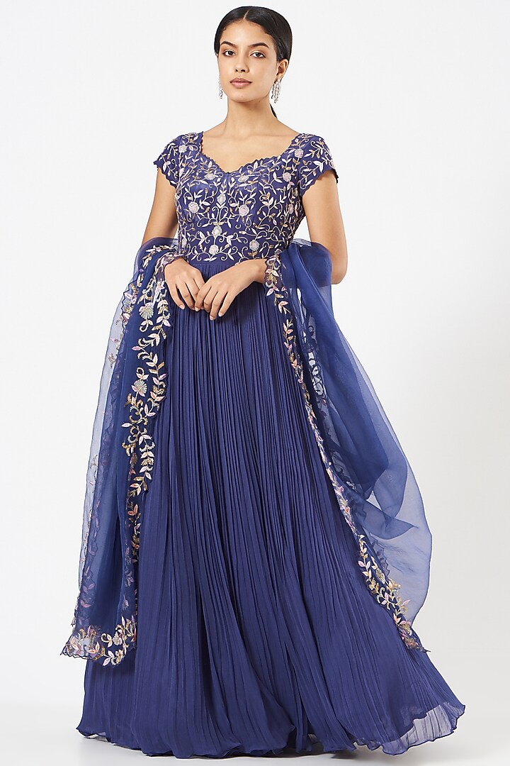 Ink Blue Embroidered Anarkali Set by NIAMH by Kriti