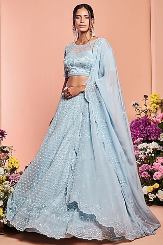 Powder Blue Embroidered Scalloped Lehenga Set by NIAMH by Kriti