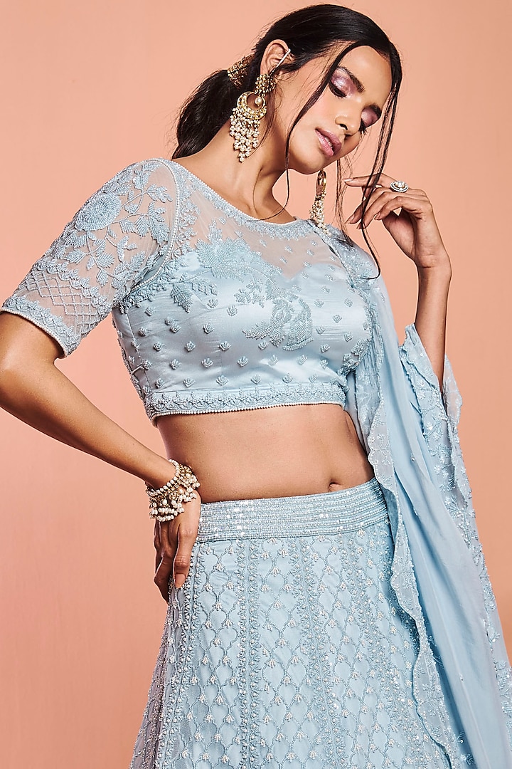 Powder Blue Embroidered Scalloped Bridal Lehenga Set by NIAMH by Kriti at Pernia's Pop Up Shop