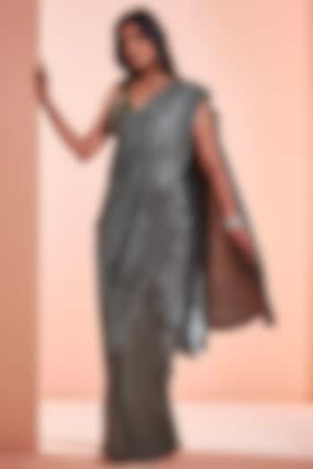 Smoke Green Silk Crepe Pleated Draped Saree Set by NIAMH by Kriti
