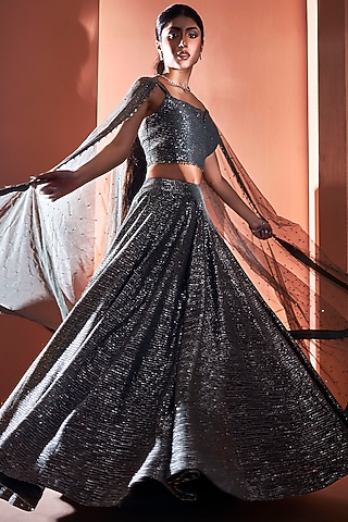 Metallic Grey Embroidered Lehenga Set by NIAMH by Kriti