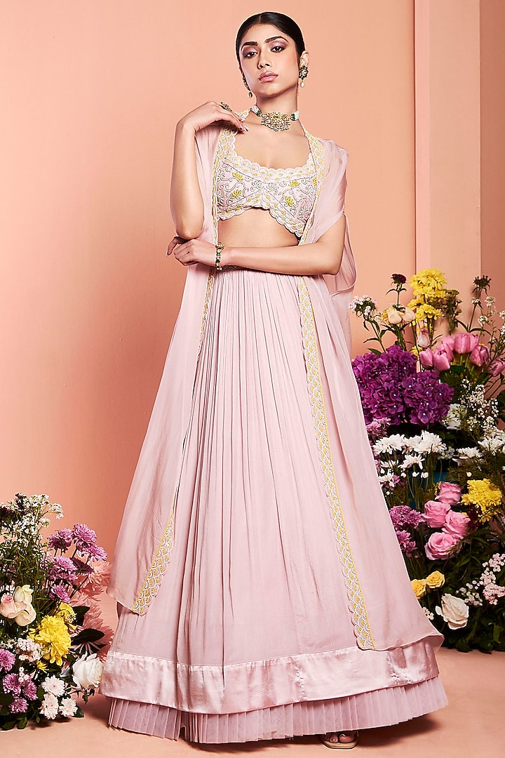 Blush Pink Chiffon Pleated Skirt Set by NIAMH by Kriti