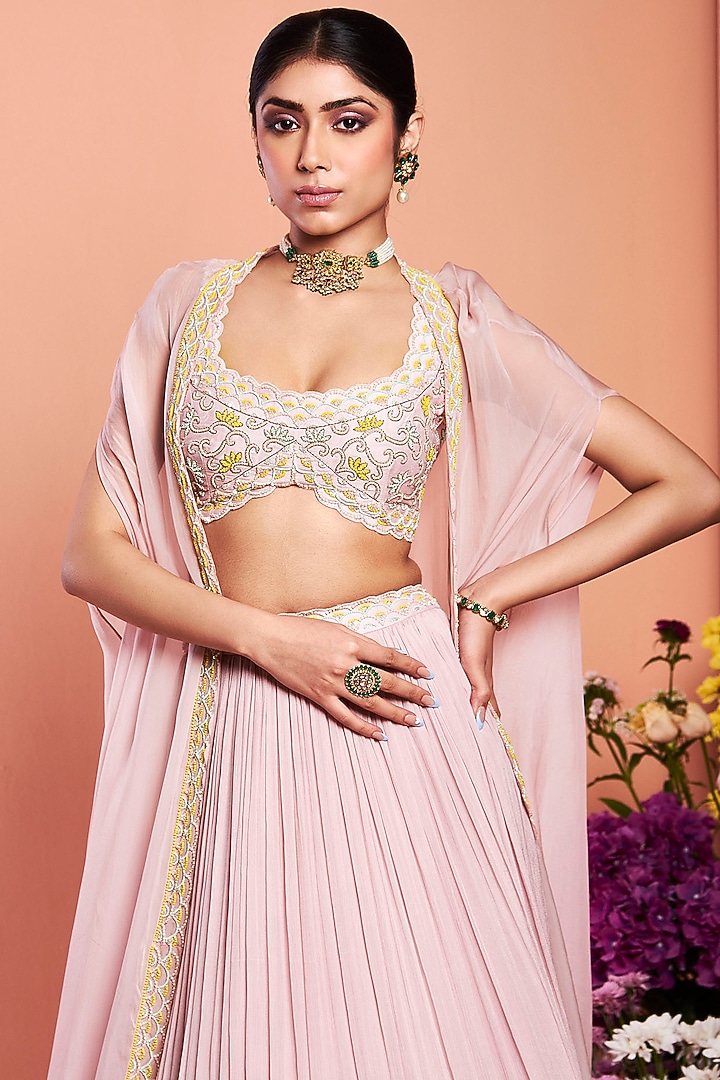 Blush Pink Chiffon Pleated Skirt Set by NIAMH by Kriti at Pernia's Pop Up Shop