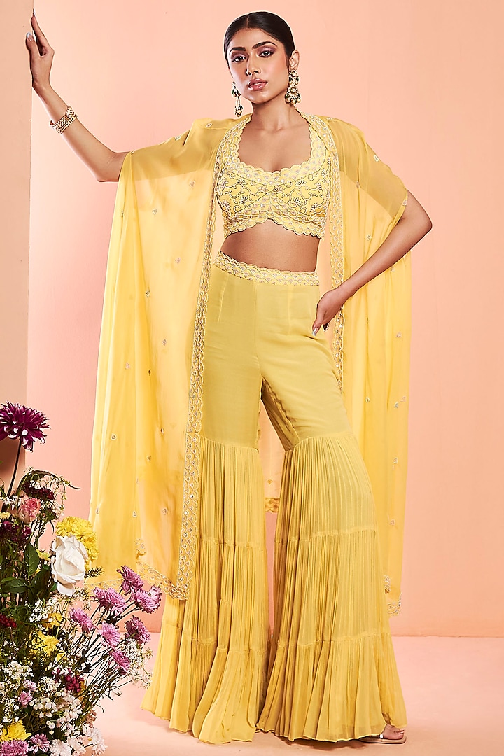 Daisy Yellow Tiered Sharara Set With Cape by NIAMH by Kriti