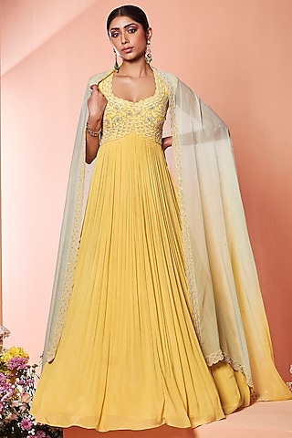 Daisy Yellow Embroidered Anarkali Set by NIAMH by Kriti