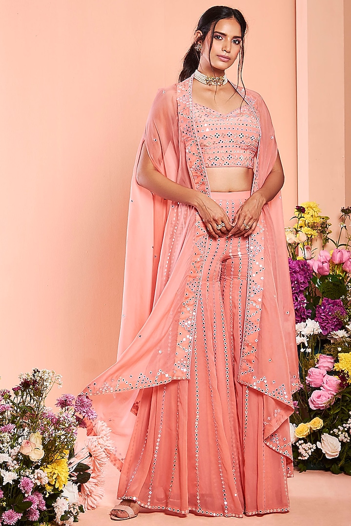 Coral Embroidered Sharara Set With Cape by NIAMH by Kriti