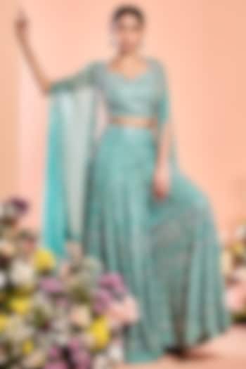 Aqua Blue Embroidered Wedding Sharara Set With Cape by NIAMH by Kriti at Pernia's Pop Up Shop