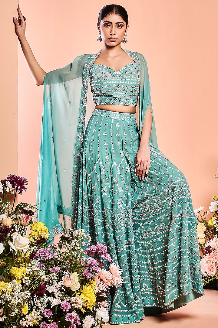 Aqua Blue Embroidered Sharara Set With Cape by NIAMH by Kriti