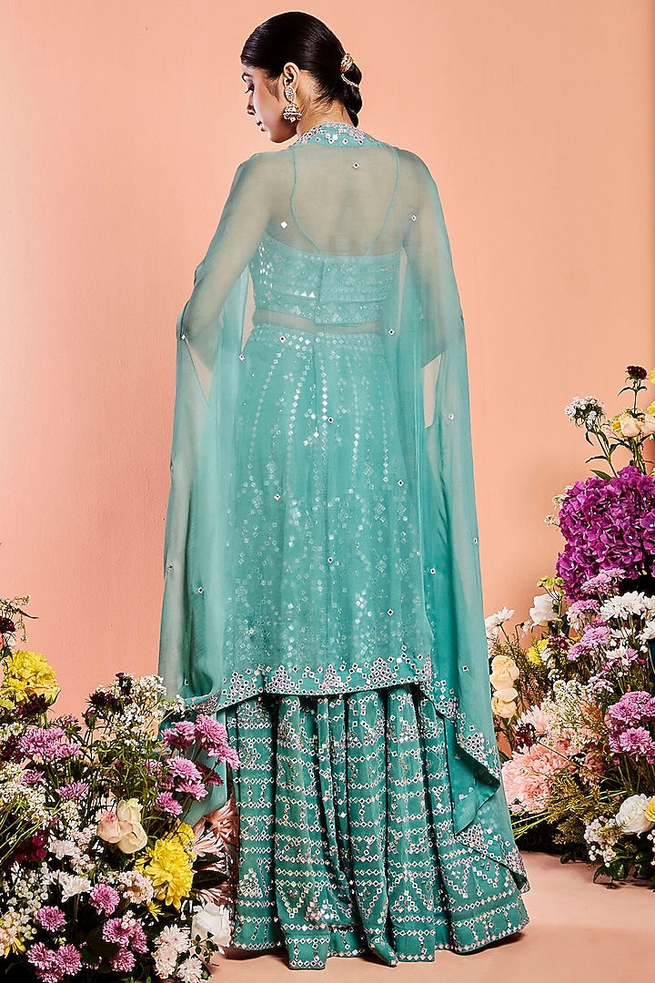Aqua Blue Embroidered Wedding Sharara Set With Cape by NIAMH by Kriti at Pernia's Pop Up Shop
