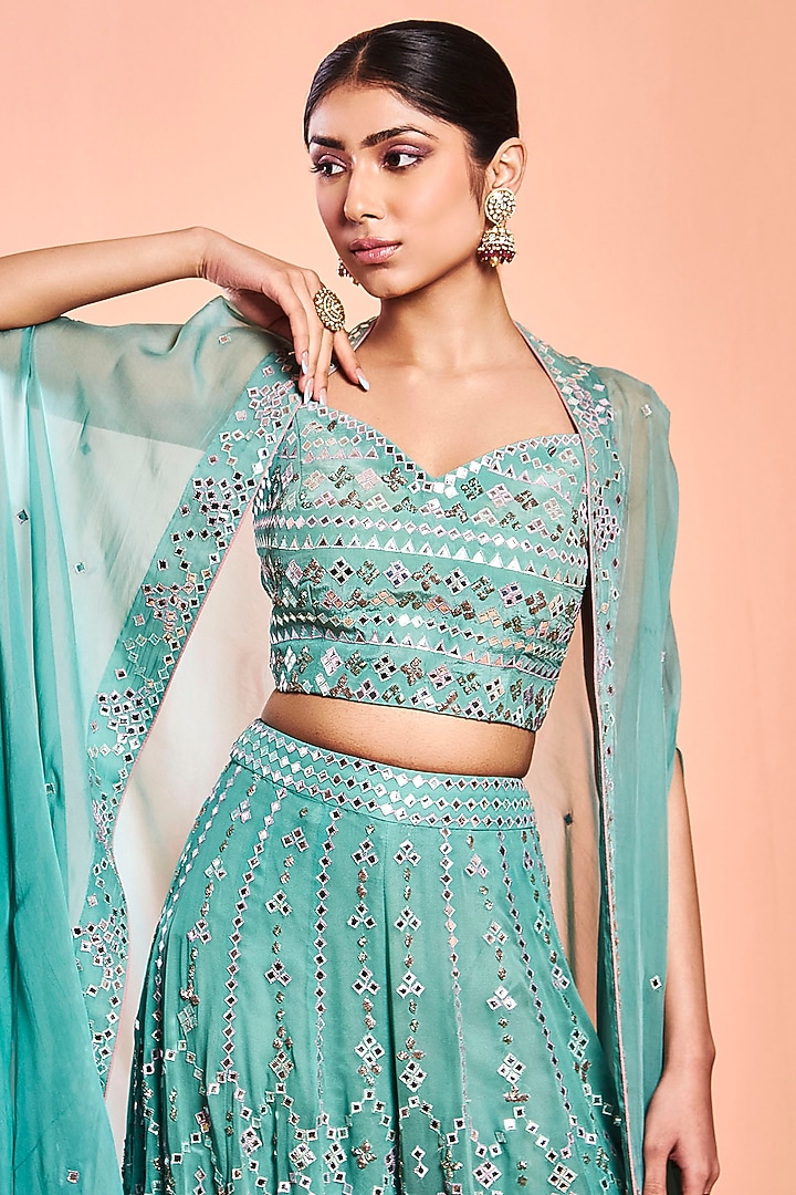 Aqua Blue Embroidered Wedding Sharara Set With Cape by NIAMH by Kriti at Pernia's Pop Up Shop