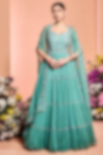 Aqua Blue Embroidered Tiered Anarkali Set by NIAMH by Kriti