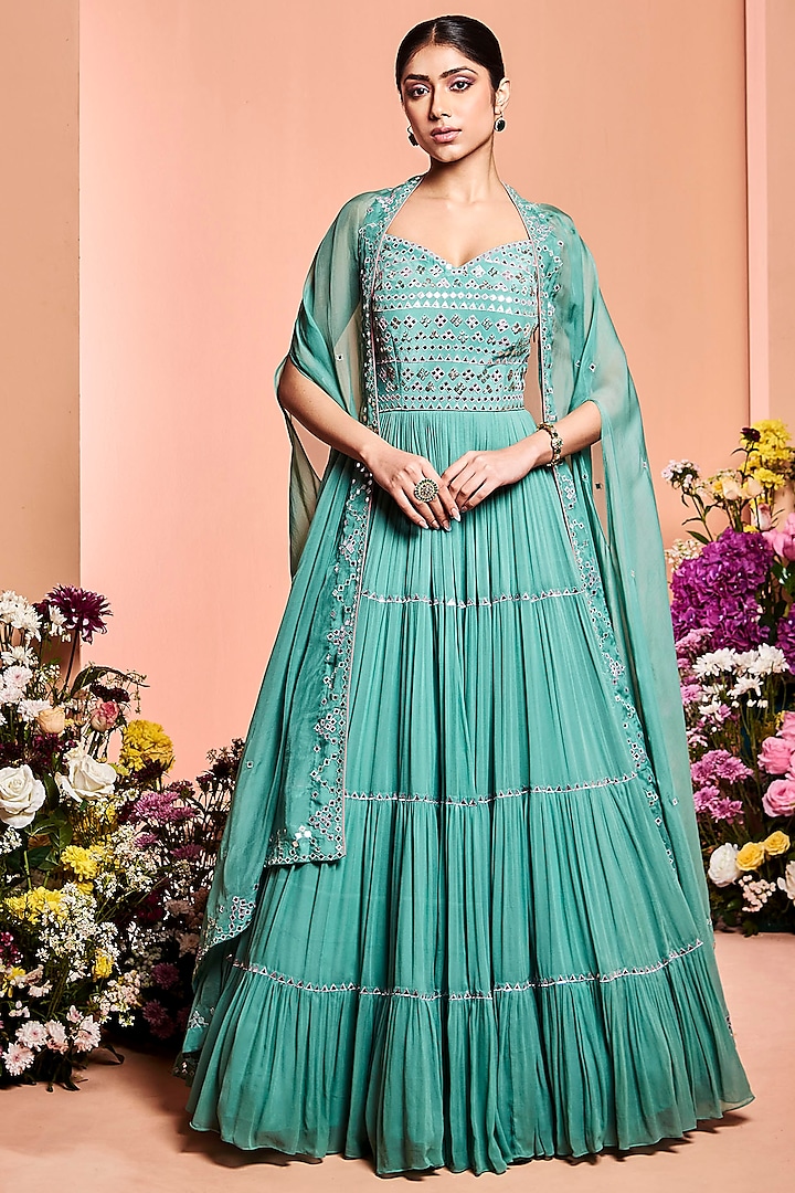 Aqua Blue Embroidered Tiered Anarkali Set by NIAMH by Kriti