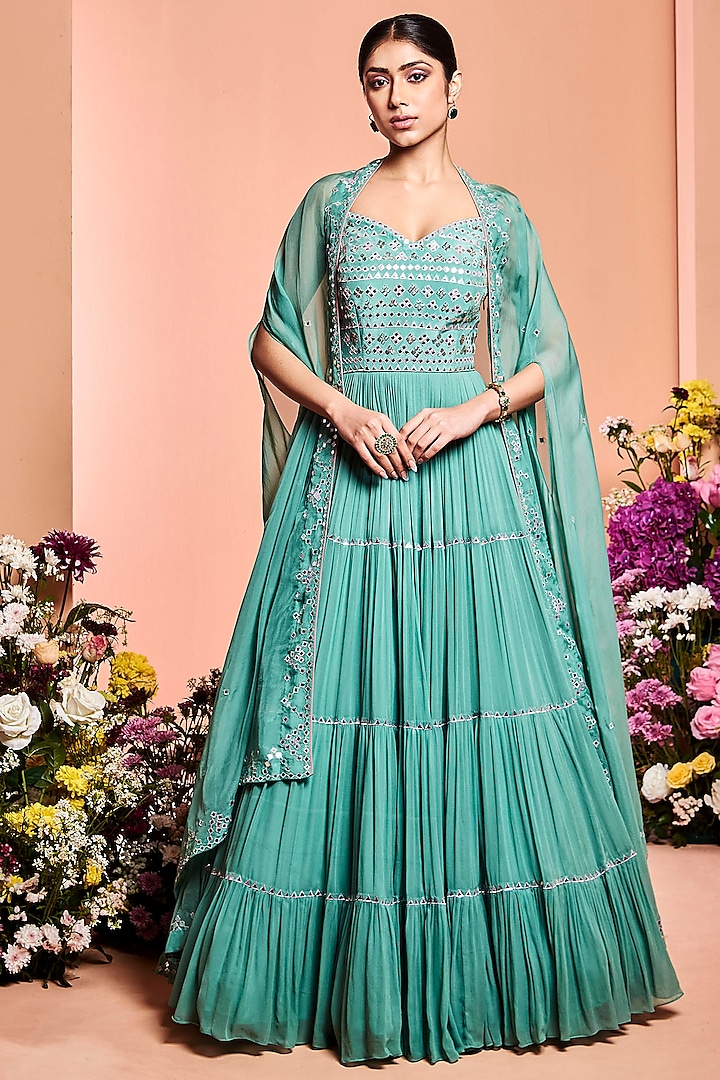 Aqua Blue Embroidered Tiered Wedding Anarkali Set by NIAMH by Kriti at Pernia's Pop Up Shop